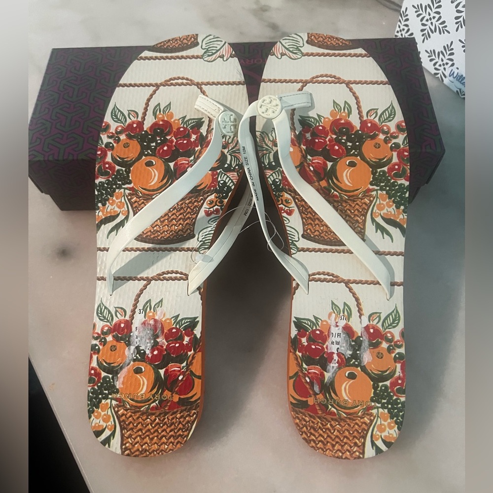 Tory Burch Fruit Basket Print Sandals - Cream and Orange